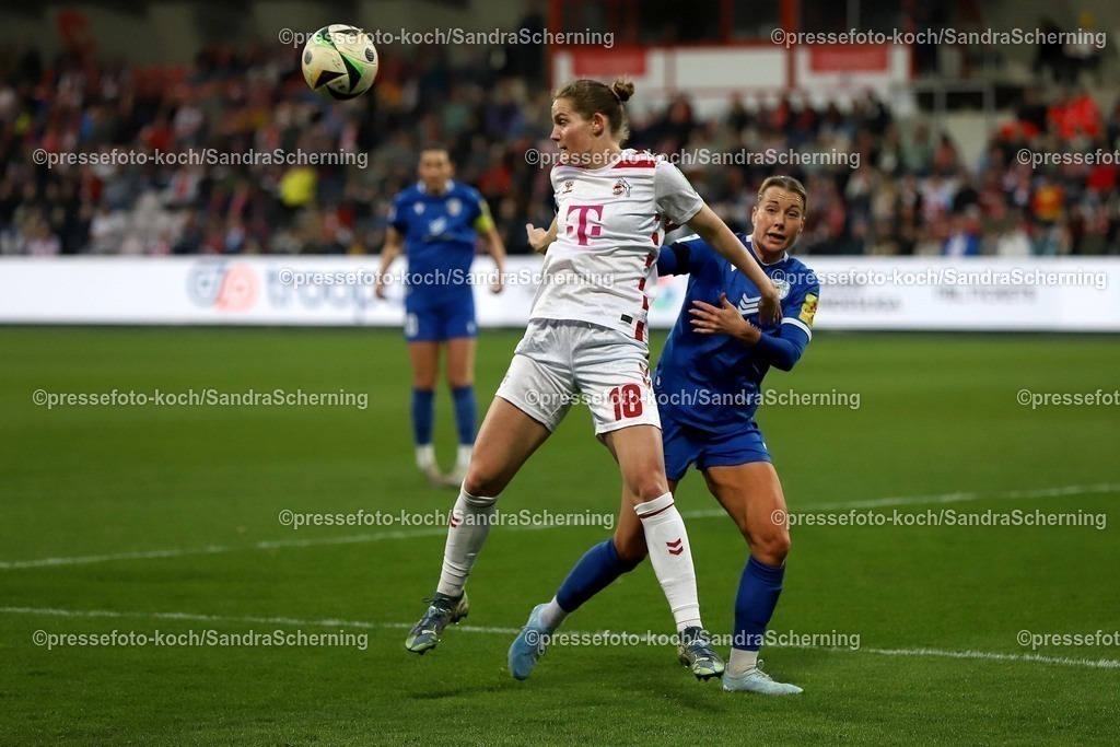 xSSC28032501008 | 28.03.2025, xsscx, Frauen Fußball, 1. FC Köln - FC Carl Zeiss Jena, 1. Fußball Bundesliga, Franz-Kremer-Stadion, Saison 2024 2025: Carlotta Imping (1. FC Köln 14) im Zweikampf gegen Anna Margraf (FC Carl Zeiss Jena 18) DFB regulations prohibit any use of photographs as image sequences and or quasi-video.