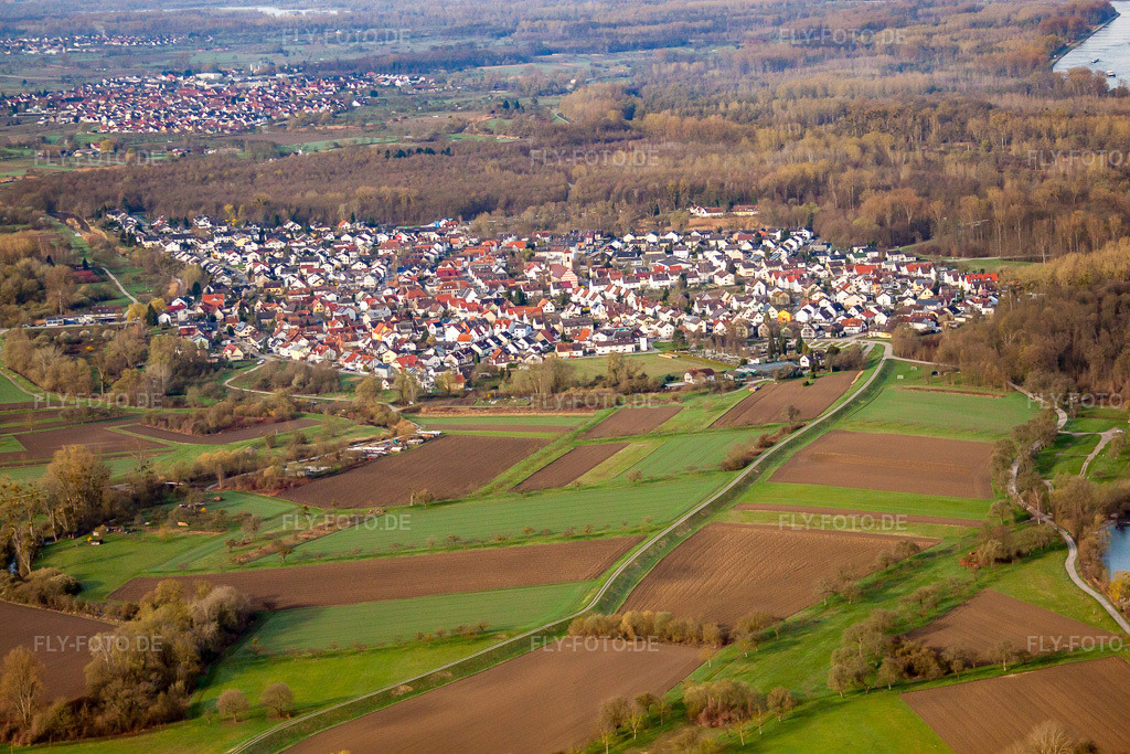 Luftbild: Ortsansicht von Nordosten im Ortsteil Neuburgweier in Rheinstetten im Bundesland Baden-Württemberg in Deutschland. Foto: IMG_25501.jpg vom 02.04.2010 durch Werner Riehm/FLY-FOTO.de
