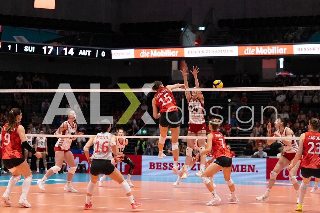 Austria v Switzerland - CEV European League Women | KRIENS, SWITZERLAND - JUNE 14: ALIX DE MICHELI of Switzerland attack / spike against DAGMAR HENSEL of Austria during the CEV European League match between Austria and Switzerland at Pilatus Arena on June 14, 2026 in Kriens, Switzerland. - Realisiert mit Pictrs.com