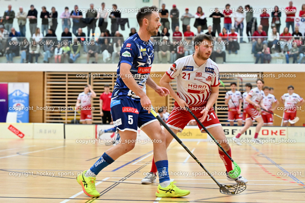 VSV Unihockye vs. KAC Floorball | #5 Michael Kanduth VSV Unihockey, #21 Tobias Grabner KAC Floorball, VSV Unihockye vs. KAC Floorball, VSV Unihockye vs. KAC Floorball am 13.04.2025 in Villach (Ballspielhalle St. Martin), Austria, (Photo by Bernd Stefan)