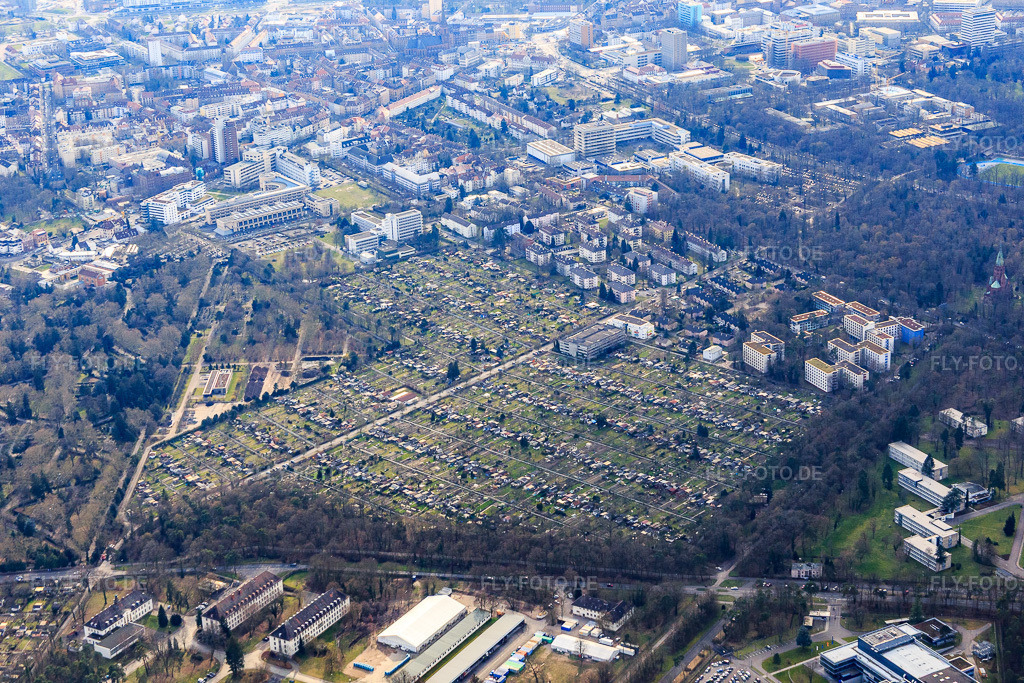 Luftbild: Kleingartenverein Hagsfelder Allee e.V. im Ortsteil Oststadt in Karlsruhe im Bundesland Baden-Württemberg in Deutschland. Foto: IMG_086370.jpg vom 26.02.2016 durch Werner Riehm/FLY-FOTO.deKleingartenanlage Hagsfelder Allee e.V