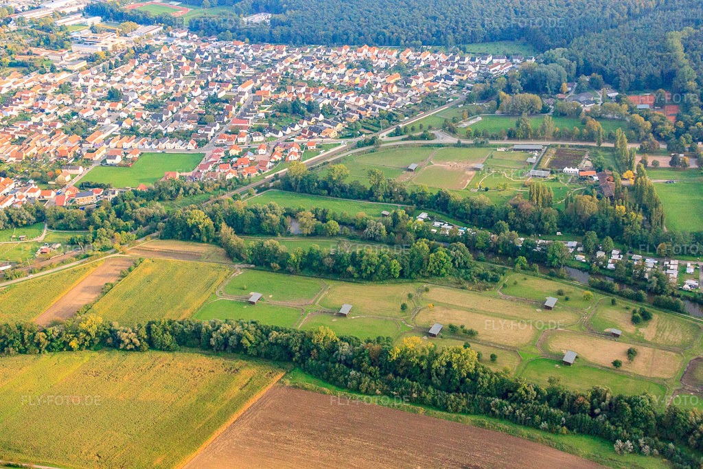 Luftbild: Straussenfarm Mhou am Freitzeitzentrum in Rülzheim im Bundesland Rheinland-Pfalz in Deutschland. Foto: IMG_60192.jpg vom 08.10.2013 durch Werner Riehm/FLY-FOTO.de