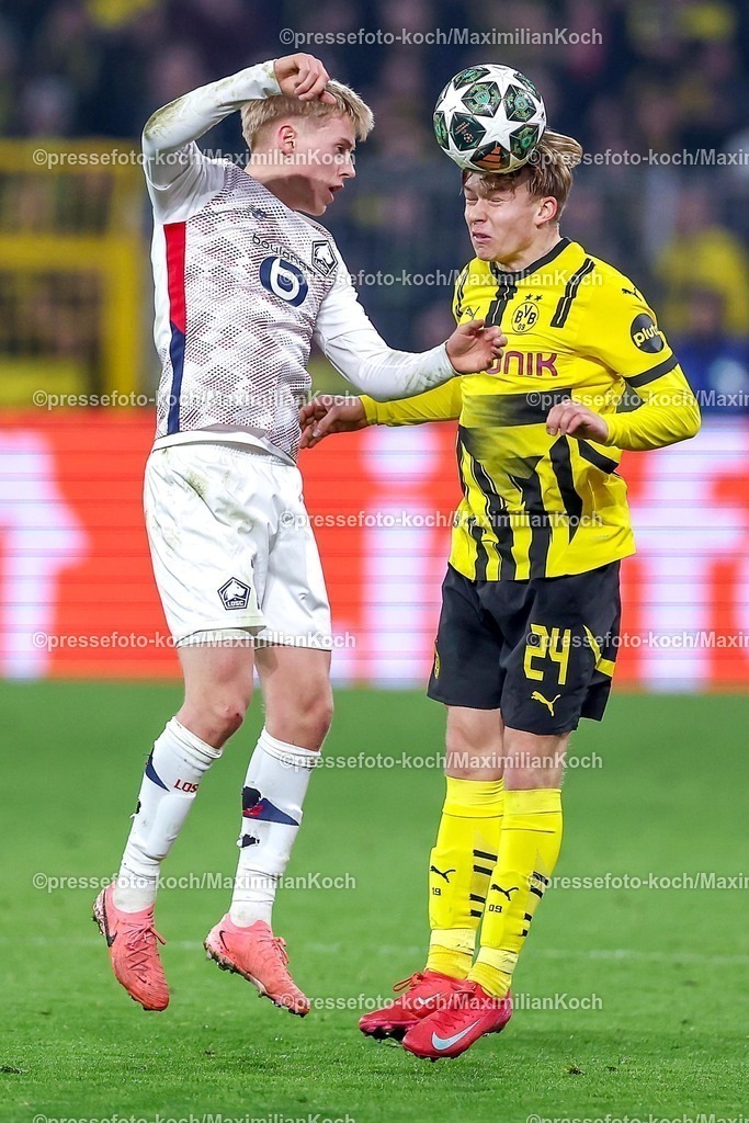 UCL04032501053 | 04.03.2025, Fußball, UEFA Champions League, Borussia Dortmund - OSC Lille, Signal Iduna Park, Runde der 16, Saison 2024 2025: Hakon Arnar Haraldsson (LOSC Lille #7) im Zweikampf gegen Daniel Svensson (BVB #24)