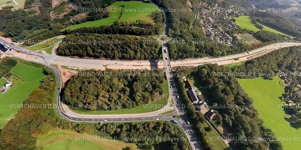 Luedenscheid230990251A45AbfahrtLuedNord-topaz | Luftbild, Autobahn A45 Anschlussstelle Lüdenscheid-Nord mit Baustelle und Sperrung Richtung der abgerissenen Talbrücke Rahmede, Fisheye Aufnahme, Fischaugen Aufnahme, 360 Grad Aufnahme, tiny world, Heedfeld, Schalksmühle, Sauerland, Nordrhein-Westfalen, Deutschland