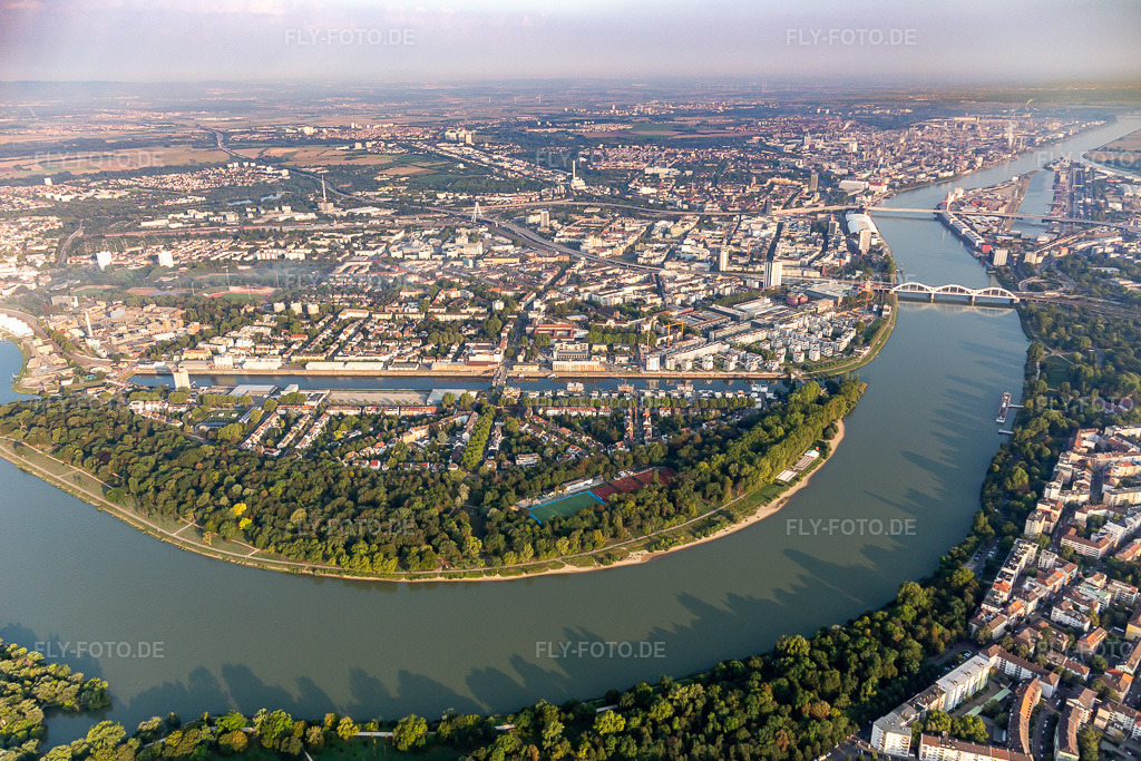 Luftbild: Parkinsel Stadtpark am Rhein mit Zelten des Festival des deutschen Films Ludwigshafen im Ortsteil Süd in Ludwigshafen im Bundesland Rheinland-Pfalz in Deutschland. Foto: IMG_116869.jpg vom 25.08.2019 durch Werner Riehm/FLY-FOTO.de