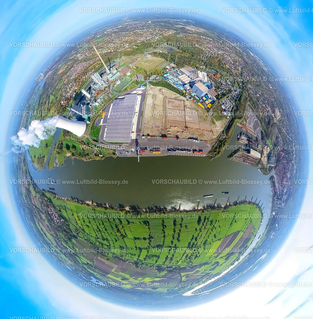 Duisburg20221006_1Logport_3-2 | Luftbild, Dampfendes STEAG Kraftwerk Walsum und logport VI am Fluss Rhein, Baustelle mit Neubau Logistikunternehmen DSV Halle, Fisheye Aufnahme, Fischaugen Aufnahme, 360 Grad Aufnahme, Alt-Walsum, Duisburg, Fisheyeaufnahme, Ruhrgebiet, Nordrhein-Westfalen, Deutschland