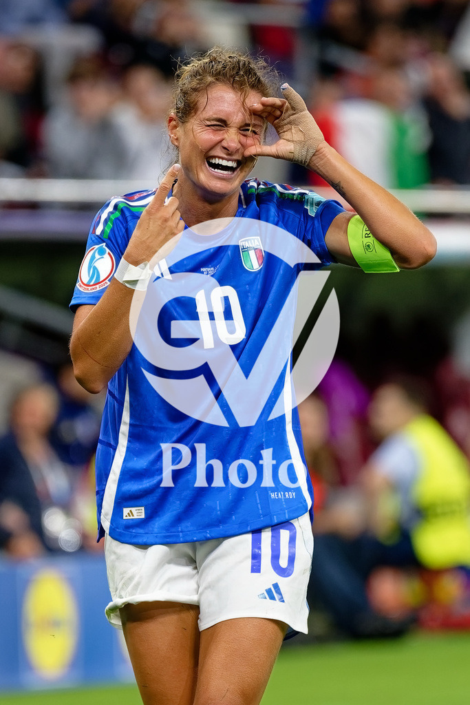 Portugal v Italy - UEFA Women's EURO 2025 Group B | GENEVA, SWITZERLAND - JULY 7:  Cristiana Girelli of Italy celebrates after scoring her team's first goal  during the UEFA Women's EURO 2025 Group B match between Portugal and Italy at Stade de Geneve on July 7, 2025 in Geneva, Switzerland. (Photo by Giuseppe Velletri/Sports Press Photo/Getty Images)