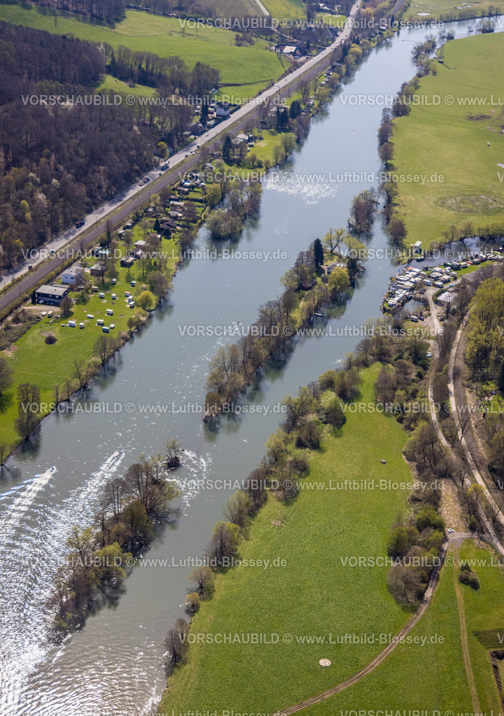 Witten220401432 | Luftbild, Fluss Ruhr mit Ruhrinsel und Camping Steger sowie gegenüber der Kanu-Klub Neptun an der Wetterstraße, Bommern, Witten, Ruhrgebiet, Nordrhein-Westfalen, Deutschland