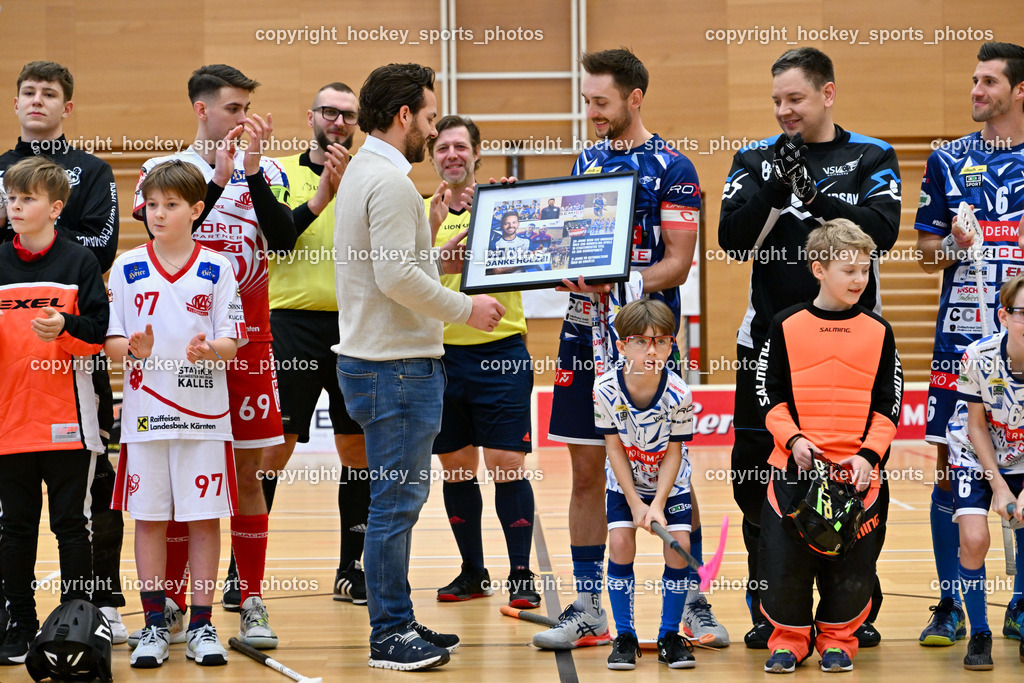 VSV Unihockey vs. KAC Floorball 4.2.2023 | Ehrung Helmut Koloini, #5 Michael Kanduth, #87 Timmo Taurer, #6Timo Schmid