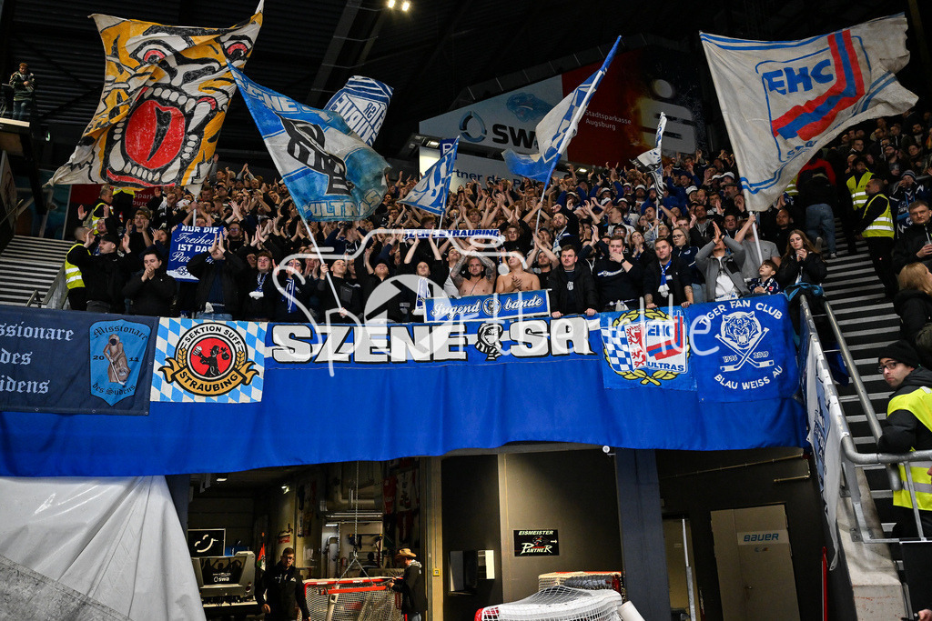 Augsburger Panther - Straubing Tigers | Augsburg, DEUTSCHLAND - 14. NOVEMBER: die mitgereisten Fans aus Straubing feienr ausgelassen den Sieg in Augsburg nach dem Ligaspiel zwischen den Augsburger Panthern und den Straubing Tigers am 18. Spieltag der Penny DEL im Curt Frenzel Stadion am 14.11.2025