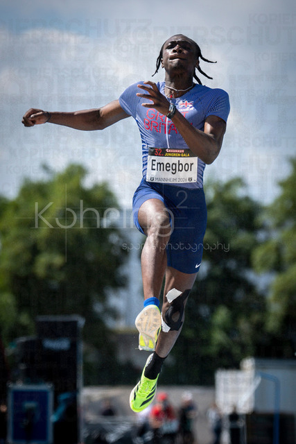 Juniorengala 2026; Mannheim, 14.06.2026 | MANNHEIM, GERMANY - JUNE 14, 2026 : Daniel Emegbor (GBR/Great Britain &amp; N.I.) competing in the men’s U20 long jump during the Juniorengala 2026 at Michael-Hoffmann-Stadion on June 14, 2026 in Mannheim, Germany.