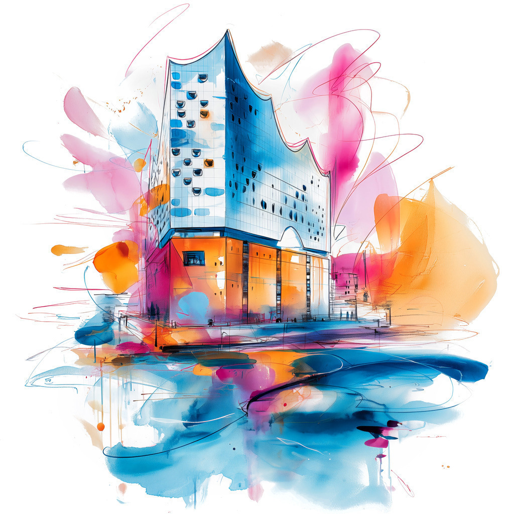 10260215 - Schwungvolle Elbphilharmonie | Elbphilharmonie Motiv im Stil eines Aquarellgemäldes als hochwertiger Kunstdruck.