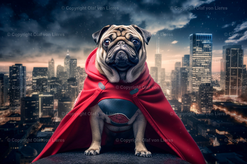 Mops mit Umhang als Supermann | Hund als Superhelden