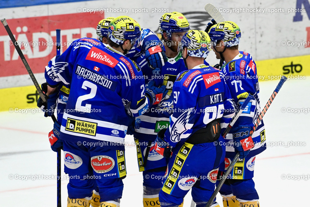 EC IDM Wärmepumpen VSV vs. HC Pustertal 8.10.2023 | Jubel EC VSV, #2 MACPHERSON Dylan EC VSV, #95 KATIC Mark EC VSV,  EC IDM Wärmepumpen VSV vs. HC Pustertal 8.10.2023, EC IDM Wärmepumpen VSV vs. HC Pustertal am 08.10.2023 in Villach (Stadthalle Villach), Austria, (Photo by Bernd Stefan)