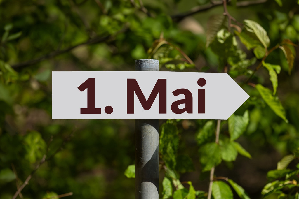 1. Mai Schild | (Fotomontage) Schild im Wald mit hinzugefügtem Text 1. MAI - Realisiert mit Pictrs.com
