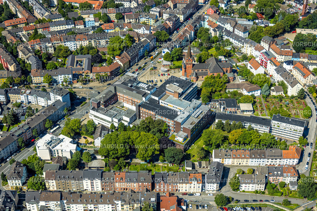 Witten230800584 | Luftbild, Marien-Hospital und Marienkirche mit Marienplatz, Sonnenschein, Witten, Ruhrgebiet, Nordrhein-Westfalen, Deutschland