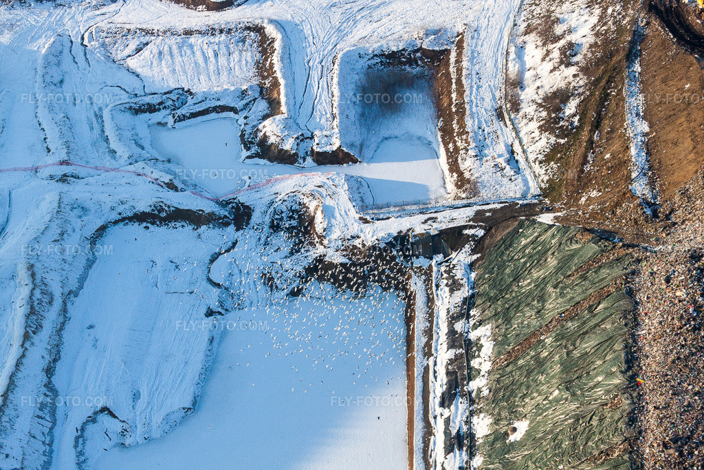 Aerial view: Wintery, snow-covered terrain of the landfill in Schaffhouse-pres-Seltz in Schaffhouse-près-Seltz in the state Bas-Rhin, France. – Photo: IMG_36642.jpg taken on 01/05/2011 by Werner Riehm/FLY-FOTO.com – Resolution of the original: 4752 x 3168 px