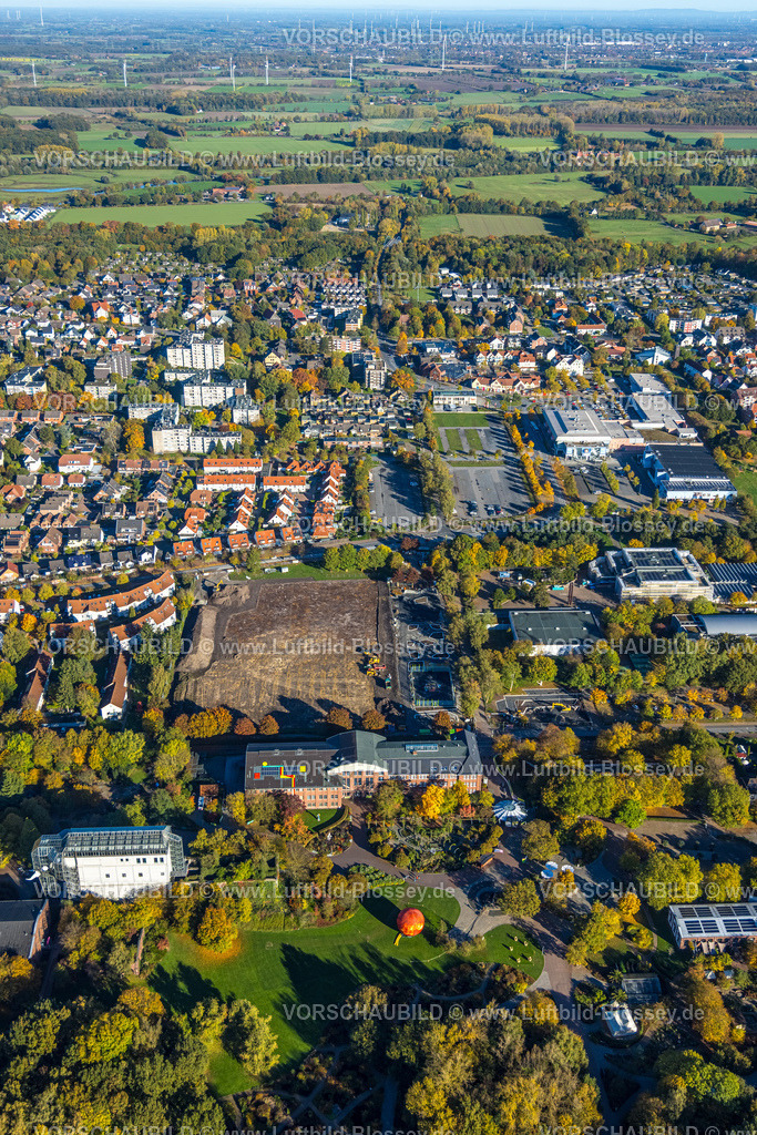 Hamm251001090 | Luftbild, Bauabschnitt der Grünen Umweltachse am Maxipark, Baustelle neben dem Freiherr-vom-Stein-Gymnasium, Eingangsbereich Maximilianpark mit Glaselefant, Uentrop, Hamm, Ruhrgebiet, Nordrhein-Westfalen, Deutschland