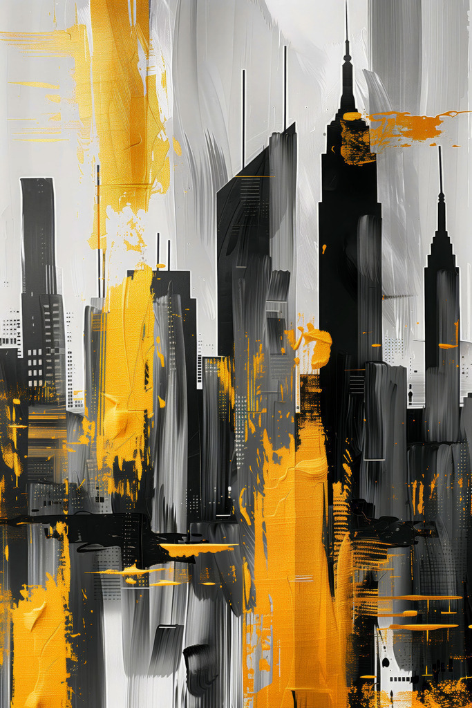 2407024 - Abstrakte Skyline | Eine abstrakte Skyline mit goldenen Elementen im Stil eines Gemäldes. Für Preise, Größen- und Materialauswahl klicken Sie bitte auf "Bestellen.