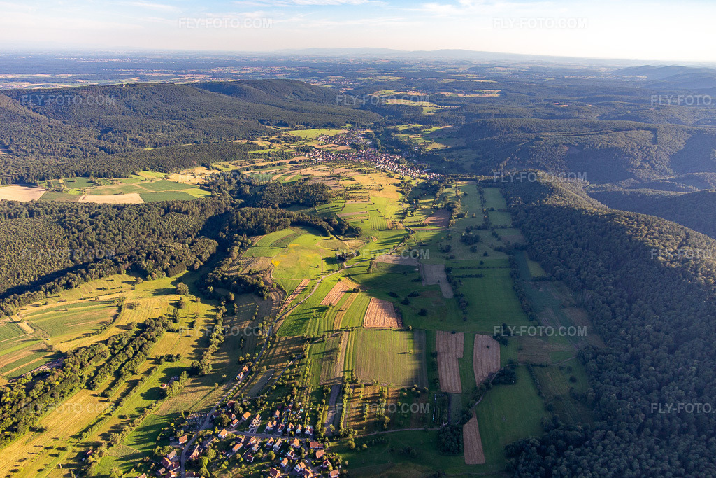 Aerial view: View of the town from the north in Wingen in the state Bas-Rhin, France. – Photo: IMG_142329.jpg taken on 07/08/2024 by Werner Riehm/FLY-FOTO.com – Resolution of the original: 5281 x 3521 px
