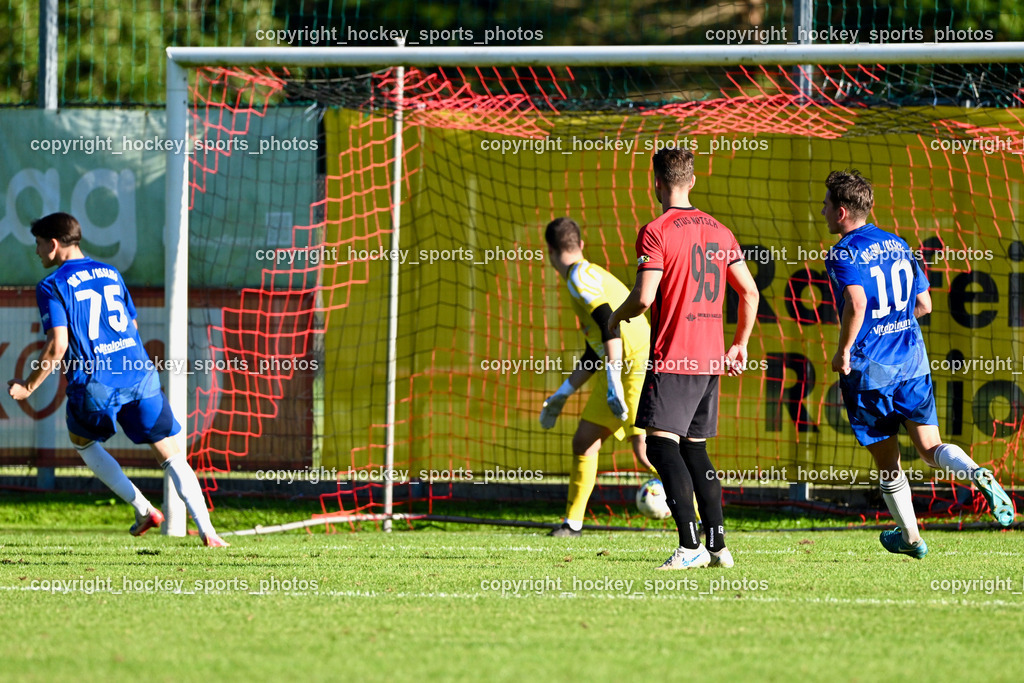 ATUS Nötsch vs. Thal Assling | Tor Thal Assling, #75 Domenico Calcagnile Thal Assling, #10 Julian Jakob Moser Thal Assling, #95 Markus Madritsch ATUS Nötsch, #1 Filip Stanojevic ATUS Nötsch, ATUS Nötsch vs. Thal Assling, ATUS Nötsch vs. Thal Assling am 31.08.2025 in Nötsch (Dobratsch Arena), Austria, (Photo by Bernd Stefan)