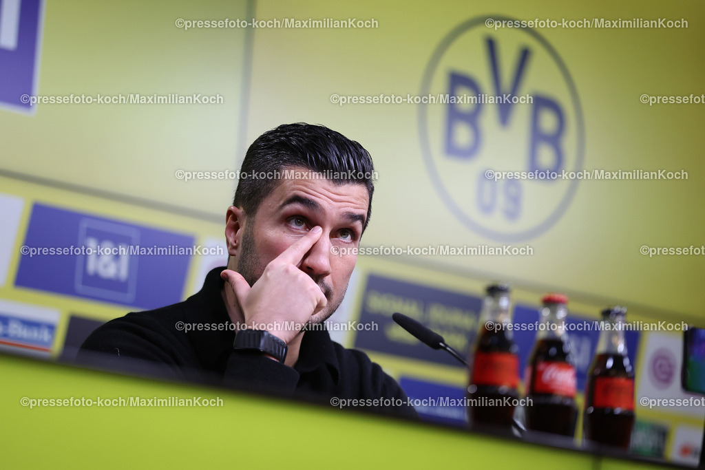 BVB15122401110 | 15.12.2024, Fußball, Borussia Dortmund - TSG 1899 Hoffenheim, 1. Fußball Bundesliga, 14. Spieltag, Signal Iduna Park, Saison 2024 2025: Pressekonferenz mit den Trainern nach dem Spiel - sichtlich unzufrieden mit dem Ergebniss Trainer Nuri Sahin (Cheftrainer BVB)DFB regulations prohibit any use of photographs as image sequences and or quasi-video.