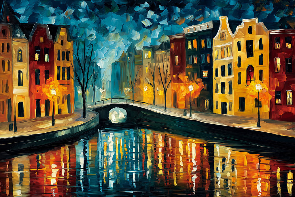 2605022 - Amsterdam bei Nacht | Malerisches Amsterdam Motiv im post-impressionistischen Stil.