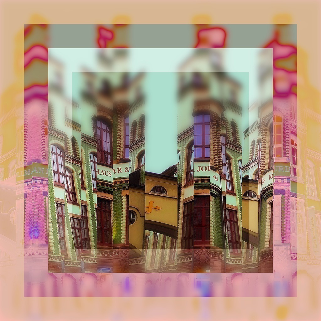 Verzerrte Fassade - Pforzheim | Sanfte Farben verschmelzen in Zeit und Raum, während vergangene Szenen durch die Fenster schweben. Ein Hauch von Nostalgie umgibt die Mauern, in denen Geschichten von Freiheit und Frieden in Form der weißen Vögel lebendig bleiben. Dieses Bild lädt ein, hinter den Vorhang der Gegenwart zu blicken und die Spuren der Vergangenheit zu entdecken, die leise flüstern und zum Verweilen einladen. - Realisiert mit Pictrs.com