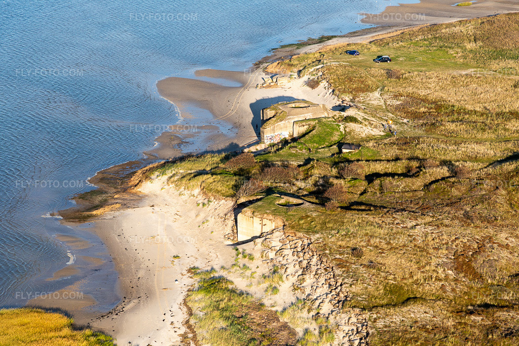 Aerial view: Bunker complex made of concrete and steel of the Atlantic Wall on the North Sea beach in Fanø in Fanø in the state South Denmark, Denmark.Photo: IMG_118850.jpg taken on 09/21/2019 by Werner Riehm/FLY-FOTO.comResolution of the original: 5472 x 3648 px
