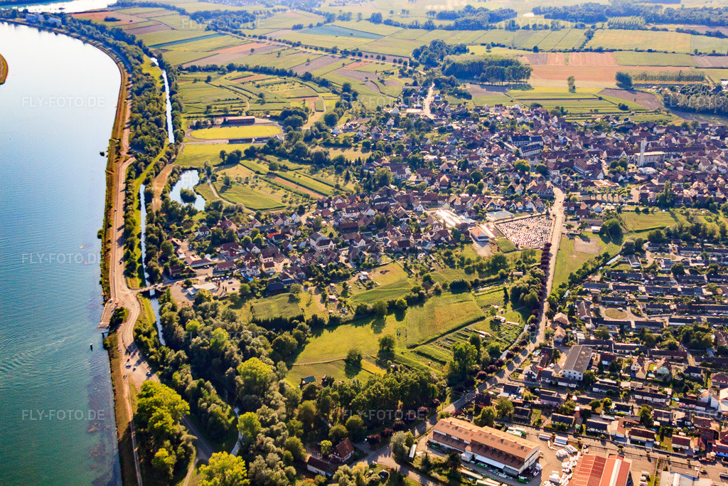 Luftbild: Ortsansicht von Osten in Rhinau im Bundesland Bas-Rhin in Frankreich. – Foto: IMG_59478.jpg vom 16.08.2013 durch Werner Riehm/FLY-FOTO.de – Auflösung des Originals: 4752 x 3168 px