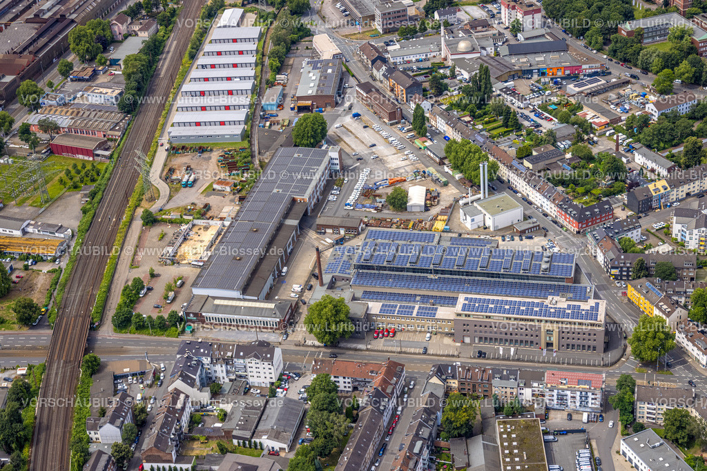 Muelheim240703013 | Gewerbegebiet Sandstraße, Tecplast Industries GmbH Firmengebäude mit Solardach, T+S Technologie + Service GmbH Maschinenbauunternehmen, Bahngleise, Luftbild, Altstadt II, Mülheim an der Ruhr, Ruhrgebiet, Nordrhein-Westfalen, Deutschland