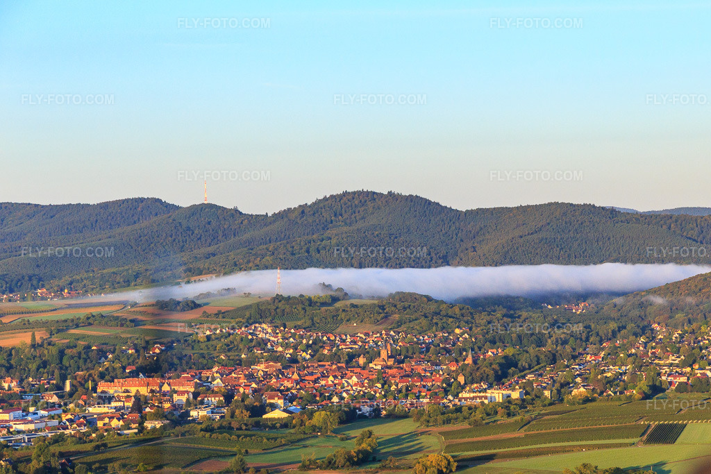 Aerial view: City view from the east under a low cloud in Wissembourg in the state Bas-Rhin, France.Photo: IMG_138800.jpg taken on 09/24/2023 by Werner Riehm/FLY-FOTO.comResolution of the original: 4570 x 3046 px
