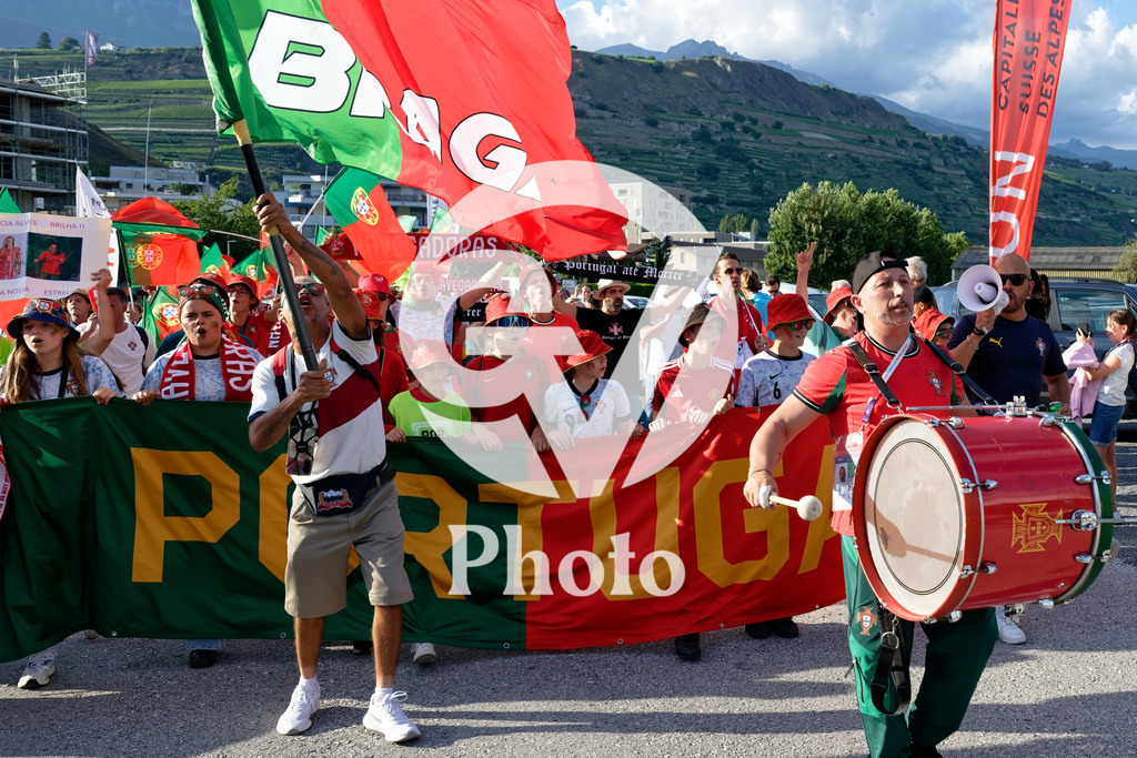 Portugal v Belgium: UEFA Women's EURO 2025 Group B | SION, SWITZERLAND - JULY 11: Fans of Portugal with flags and banner during the UEFA Women's EURO 2025 Group B match between Portugal and Belgium at Stade de Tourbillon on July 11, 2025 in Sion, Switzerland. (Photo by Giuseppe Velletri/Sports Press Photo/Getty Images)