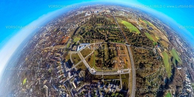 Bochum240190062Altenbochum-AlterFriedhof | Luftbild, Wohngebiet und Baustelle, Ostpark Quartier Feldmark, Baustelle ehemaliger Alter Friedhof, Erdkugel, Fisheye Aufnahme, Fischaugen Aufnahme, 360 Grad Aufnahme, tiny world, little planet, fisheye Bild, Altenbochum, Bochum, Ruhrgebiet, Nordrhein-Westfalen, Deutschland