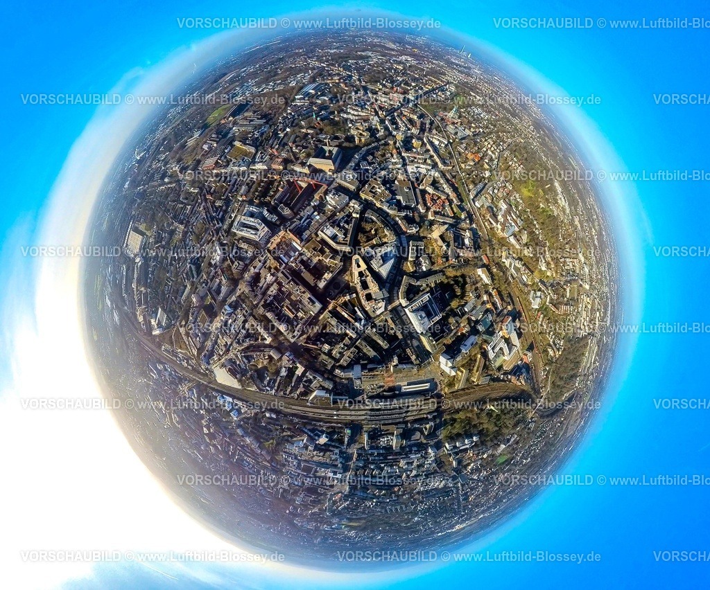 Bochum240190079MitteZentrum | Luftbild, Bochum Mitte, City GeschäftsZentrum mit Viktoria Karree und Hauptbahnhof Hbf mit Gleisanlagen, Erdkugel, Fisheye Aufnahme, Fischaugen Aufnahme, 360 Grad Aufnahme, tiny world, little planet, fisheye Bild, Südinnenstadt, Bochum, Ruhrgebiet, Nordrhein-Westfalen, Deutschland