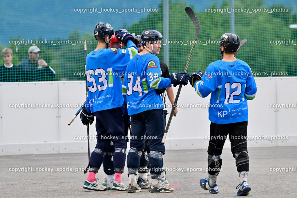 ASKÖ Hockey Villach vs. VAS Ballhockey  | #12 Malli Nicolas ASKÖ Villach Hockey, Jubel ASKÖ Hockey Villach Mannschaft, #53 NINDLER Elias ASKÖ Villach Hockey, #34 PRODINGER Dominik ASKÖ Villach Hockey, ASKÖ Hockey Villach vs. VAS Ballhockey , ASKÖ Hockey Villach vs. VAS Ballhockey  am 06.07.2025 in Villach (Alpen Arena ), Austria, (Photo by Bernd Stefan)