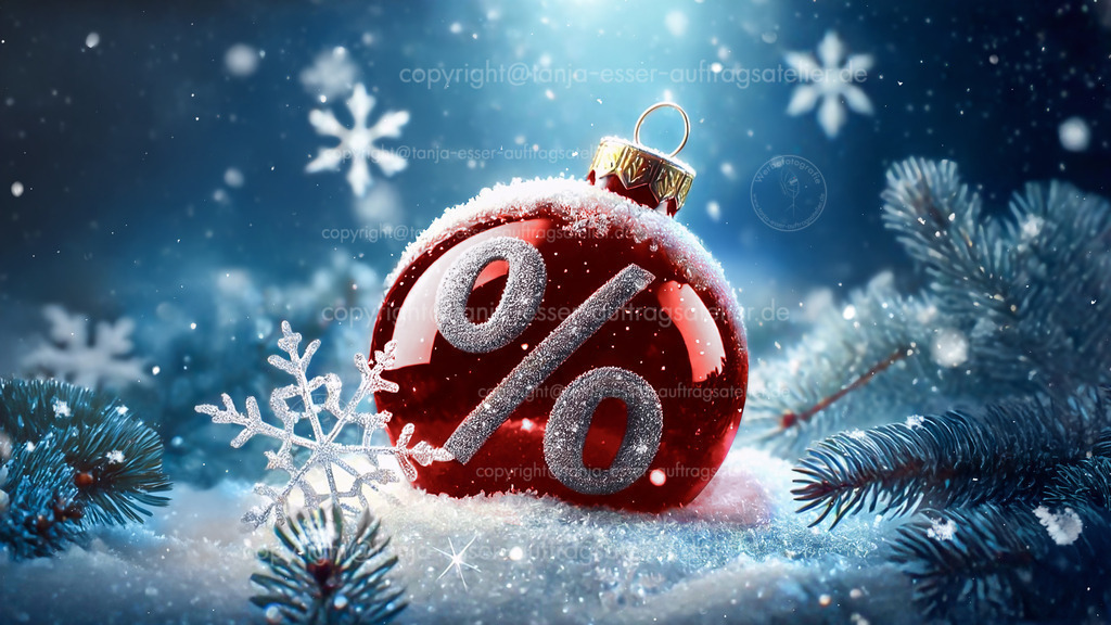 Makro Bild einer Glas Weihnachtskugel in rot mit einem Prozent Zeichen aus Glitter. Die Kugel liegt im Schnee. Konzept Bild für weihnachtliche Rabatte.   | Makro Bild einer Glas Weihnachtskugel in rot  mit einem Prozent Zeichen aus Glitter. Die Kugel liegt im Schnee. Konzept Bild für weihnachtliche Rabatte. Generative KI.