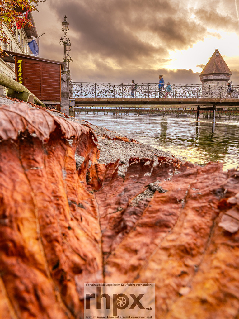Herbst an der Kapellbrücke | Struktur. Wahrzeichen. Herbstlicht.Eine aussergewöhnliche Froschperspektive rückt die feinen Details des Herbstlaubs in den Fokus, während die weltberühmte Kapellbrücke im Hintergrund thront. Das warme Licht der Goldenen Stunde verleiht der Szenerie an der Reuss eine nostalgische und ruhige Atmosphäre.Wähle unter "Produktauswahl" dein Wunschformat: Vom klassischen Wandbild über Puzzle &amp; Tassen bis zum digitalen Download (z.B. als Handy-Hintergrund). - Realisiert mit Pictrs.com