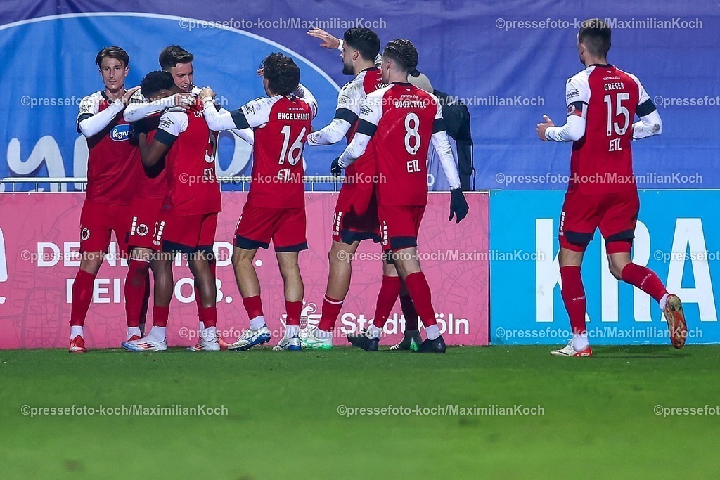 FCVK14022501053 | 14.02.2025, Fußball, FC Viktoria Köln – Alemannia Aachen, 3.Liga, Sportpark Höhenberg, Saison 2024 2025: Torjubel nach dem 1:1 Ausgleich durch  Torschütze Said El Mala (Viktoria Köln #22) DFB regulations prohibit any use of photographs as image sequences and or quasi-video.