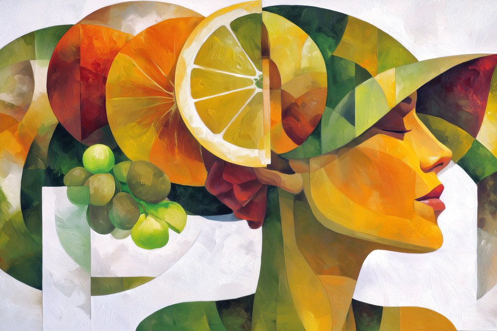 2510007 - Frau mit Hut aus Früchten | Modernes abstraktes Porträt im Gemälde-Stil.