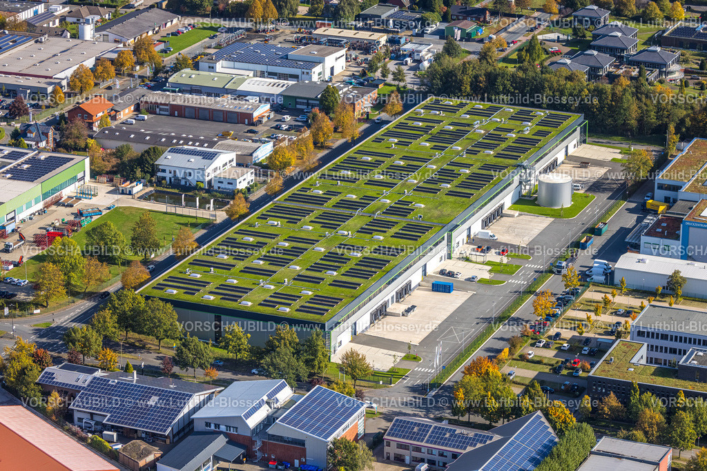 Hamm241007965 | Luftbild, Druckzentrum Hamm, grünes Dach und Solarpanel, Gewerbegebiet Rhynern, Oberster Kamp, Stadtbezirk Rhynern, Hamm, Ruhrgebiet, Nordrhein-Westfalen, Deutschland