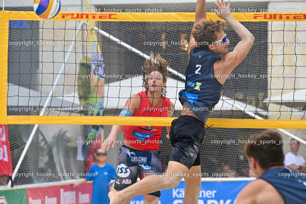Kärntner Landesmeisterschaft Beach Volleyball | #1 FRIEDL Felix, #2 SPONER Philipp, Kärntner Landesmeisterschaft Beach Volleyball, Kärntner Landesmeisterschaft Beach Volleyball am 18.08.2024 in Villach (Rathausplatz Villach), Austria, (Photo by Bernd Stefan)