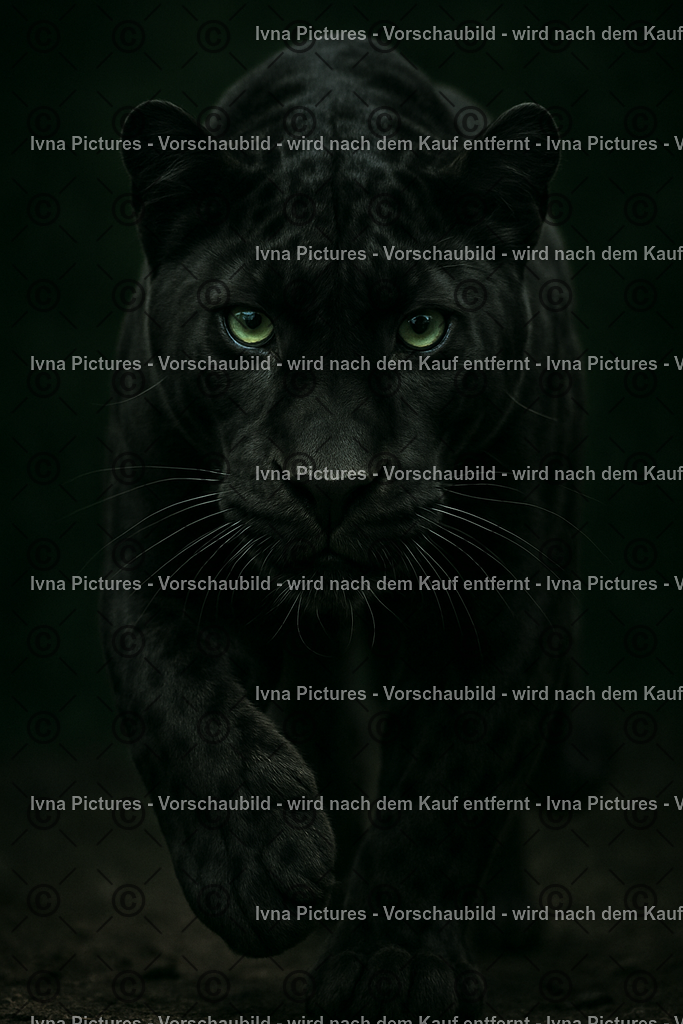 Schattenjäger | Ein tiefschwarzer Großkatzen­schatten tritt aus der Dunkelheit hervor. Die leuchtend grünen Augen fixieren ihr Ziel, während das Tier mit lautloser Entschlossenheit nach vorne schreitet. Die Kombination aus Dunkelheit, Eleganz und Intensität verleiht dem Bild eine kraftvolle, mystische Atmosphäre. - Realisiert mit Pictrs.com