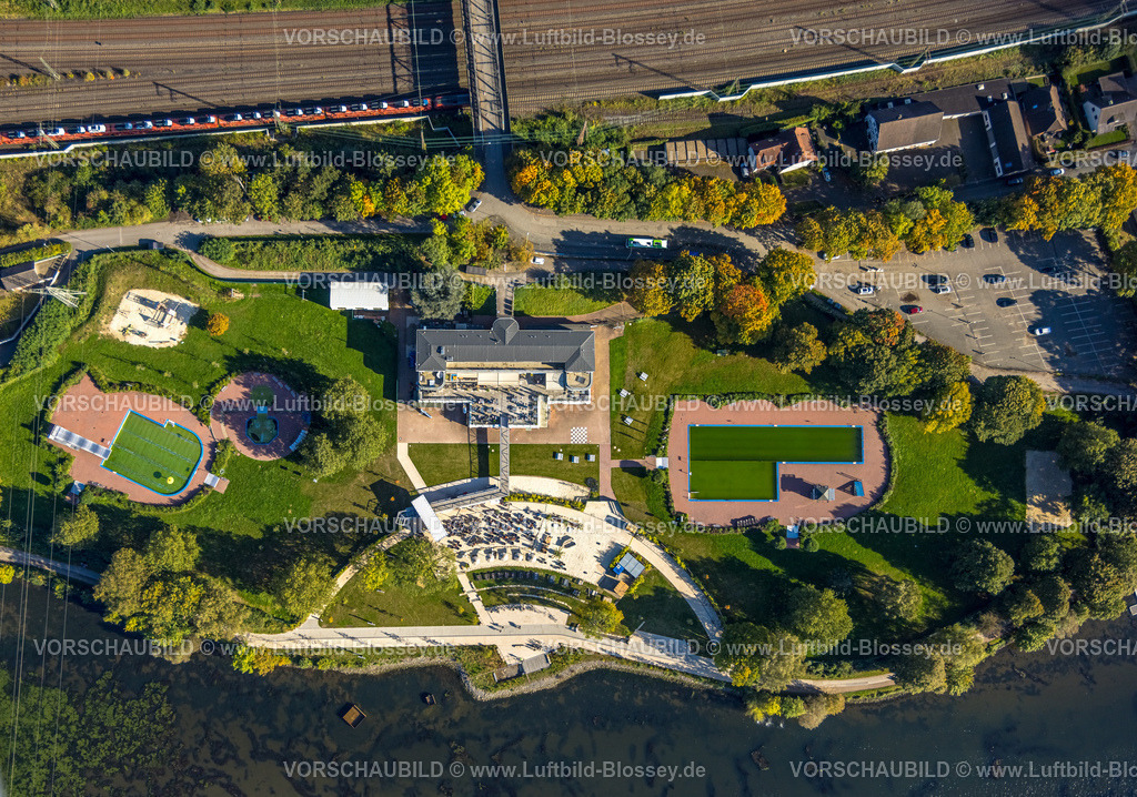 Hagen241005554 | Luftbild, Strandhaus Salitos Beach Hengsteysee mit Freibad Südufer, Bahngleise, Boele, Hagen, Ruhrgebiet, Nordrhein-Westfalen, Deutschland