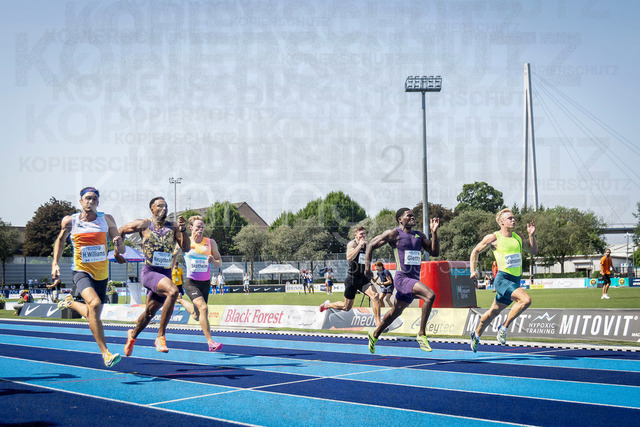 Multisport Event; Ratingen, 27.06.2026 | RATINGEN, GERMANY - JUNE 27, 2026 : Sven Jansons (NED / Netherlands), Makenson Gletty (FRA / France), Leo Neugebauer (GER / Germany) and Harrison Williams (USA / United States) over 100m competing during the Multisport Event at Stadion Ratingen on June 27, 2026 in Ratingen, Germany.