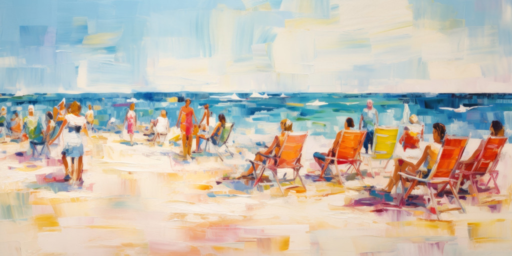 2307262 - Menschen am Strand | Bestellen Sie dieses digitale Gemälde von Menschen an einem Strand als hochwertigen Kunstruck auf Leinwand, Acrylglas, Alu-Dibond oder als Poster.