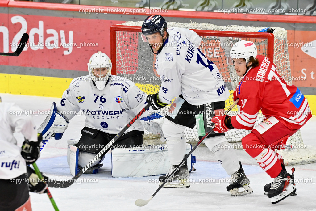 EC KAC Future Team vs. Die Adler Kitzbühl 7.10.2023 | #76 Schubert Thomas EC Kitzbühel, #18 Kuronen Jimi EC Kitzbühel, #77 Lamereiner Leon, EC KAC Future Team vs. Die Adler Kitzbühl 7.10.2023, EC KAC Future Team vs. Die Adler Kitzbühl am 07.10.2023 in Klagenfurt (Messehalle Klagenfurt), Austria, (Photo by Bernd Stefan)