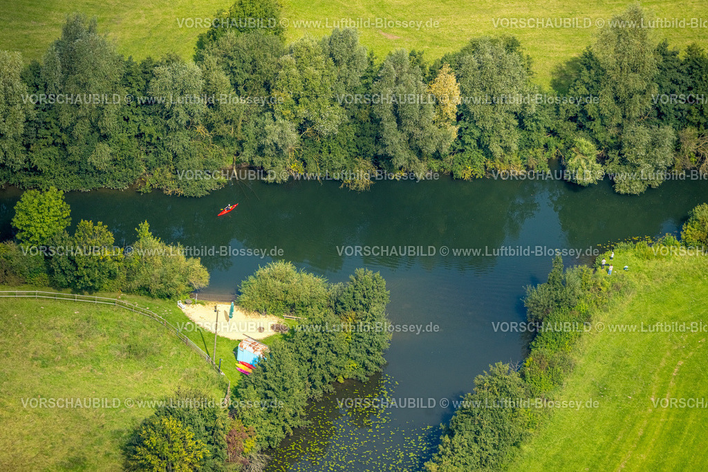 Hamm230900444 | Luftbild, Kleiner Sandstrand mit Bauwagen am Fluss Lippe und Kanufahrer, Uentrop, Hamm, Ruhrgebiet, Nordrhein-Westfalen, Deutschland