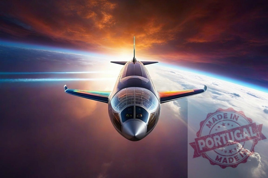 Futuristic spacecraft flying high above Earth at sunset | Futuristic spaceplane traveling above Earth's atmosphere showing stunning sunset colors - Realized with Pictrs.com