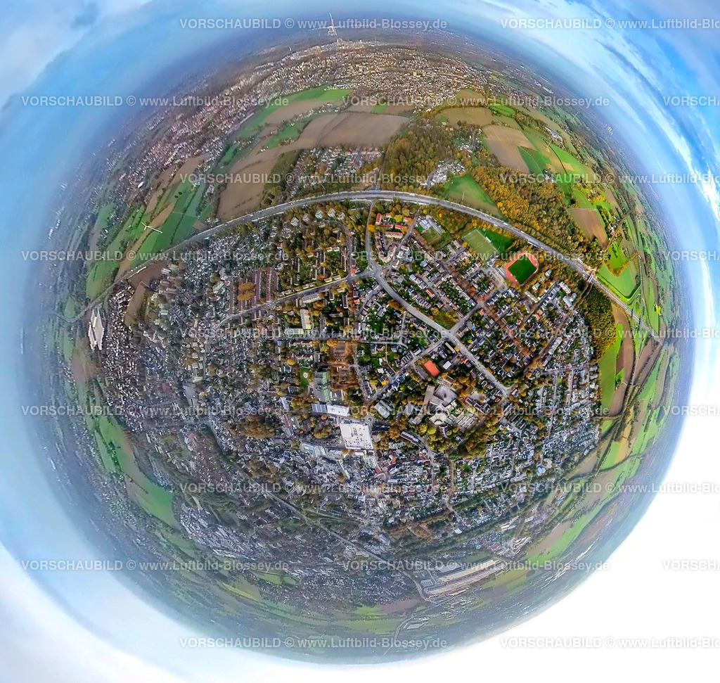 Kamen20221019_02City-Nord_A2 | Luftbild, City Stadtansicht Nord, Autobahn A2, Fisheye Aufnahme, Fischaugen Aufnahme, 360 Grad Aufnahme, Kamen, Ruhrgebiet, Nordrhein-Westfalen, Deutschland